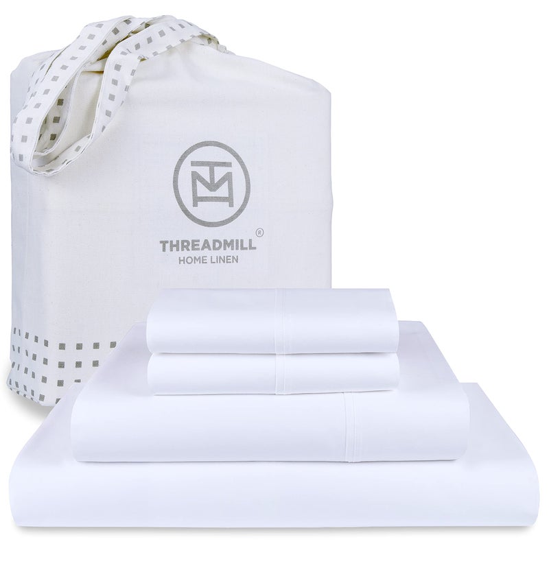Threadmill ملاءات سرير كوين من القطن بنسبة 100% من Threadmill - طقم ملاءات سرير كوين بكثافة 600 خيط مع 16 جيبًا عميقًا - طقم سرير مكون من 4 قطع من نسيج الساتان مع تأثير تبريد أبيض - Image 1
